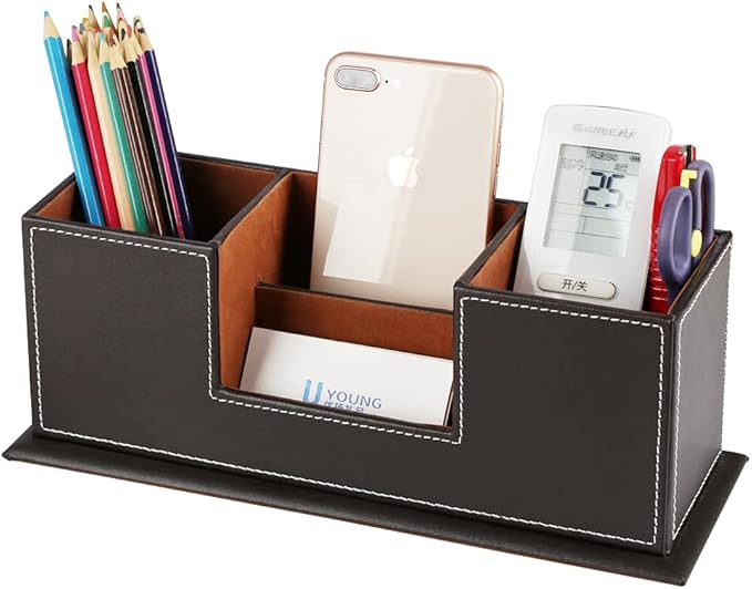 KINGFOM™ Double Holder Wood Leather Multi-Function Desk Stationery Organizer Dark Brown