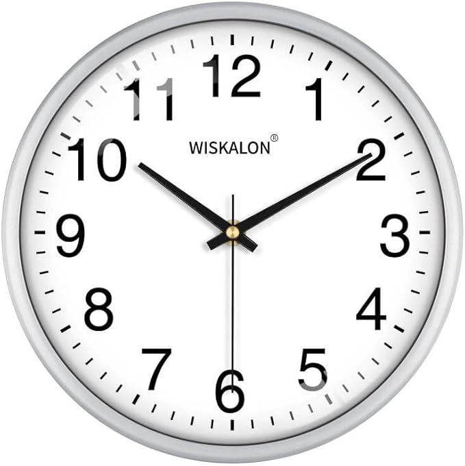 WISKALON 10 Inch Wall Clock, Silent Non-Ticking Round Silver Frame Clock