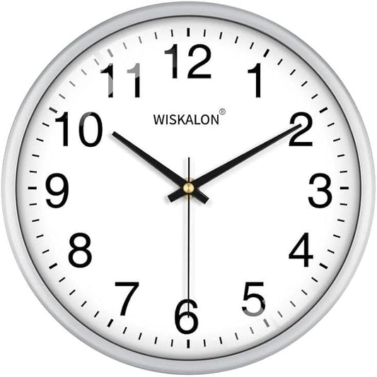 WISKALON 10 Inch Wall Clock, Silent Non-Ticking Round Silver Frame Clock