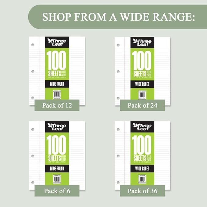 THREE LEAF 100 SHEETS WIDE RULED FILLER PAPER, PACK OF 36, LOOSE-LEAF SHEETS FOR SCHOOL AND OFFICE 100 CT. FILLER PAPER, NOTEBOOK PAPER