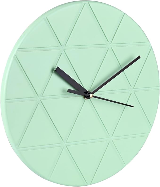Mint Green Wooden Wall Clock 24cm Round Geometric Triangle Pattern MDF