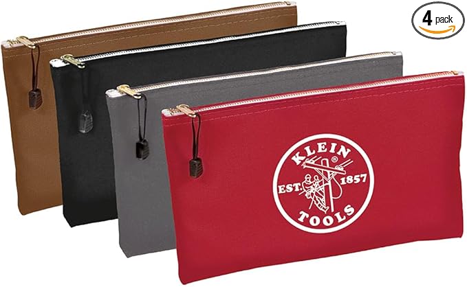 Klein Tools 5141 Zipper Tool Bag, Tool Pouch, Bank Deposit Canvas Utility Bag, 12.5 x 7-Inch, Brown/Black/Gray/Red 4-Pack