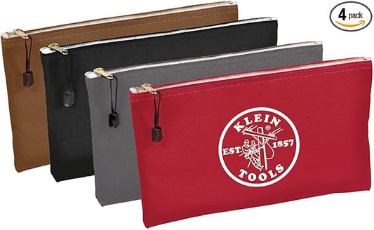 Klein Tools 5141 Zipper Tool Bag, Tool Pouch, Bank Deposit Canvas Utility Bag, 12.5 x 7-Inch, Brown/Black/Gray/Red 4-Pack