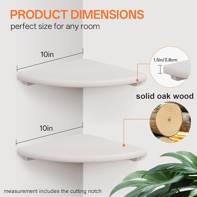 Gieanoo Floating Corner Shelves Set 2 10inch White Solid Oak Rounded Corner