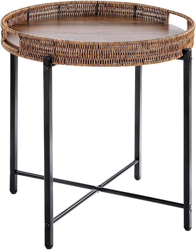 19in Round Rattan Side Table with Wooden Trayï¼Small Round Wicker Wooden End Tableï¼Rattan End Table for Indoor Use, Living Room, Bedroom, Office, Balcony-Brown