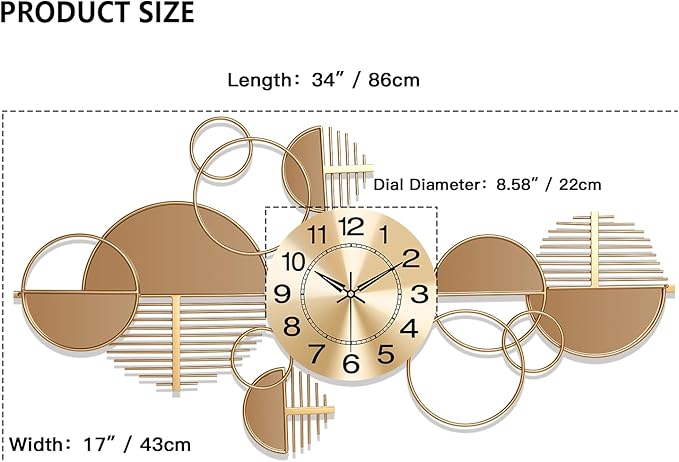 Large Wall Clock, Modern Silent Non-Ticking Metal Wall Art Wall Clocks Battery