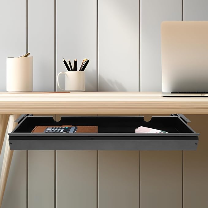 FFanhia 30 Inch Under Desk Mounted Sliding Pull-out Drawer Storage for Sit Stand Workstation Office(Applicable Table Thickness: 0.79in) Black