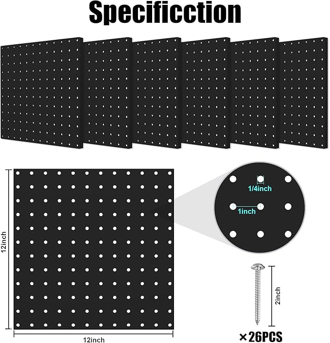 Peg Board, 6 Pack 12"x12" Black Metal Pegboard Panels Pegboards Wall Organizer