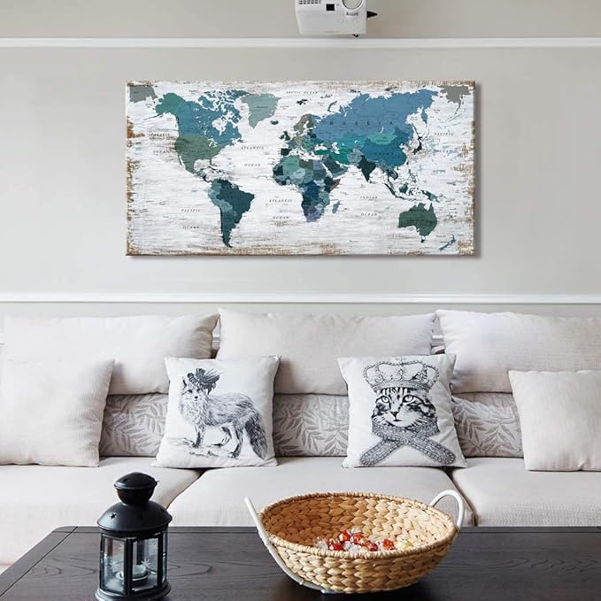 Teal Decor World Map Canvas Wall Art Pictures
