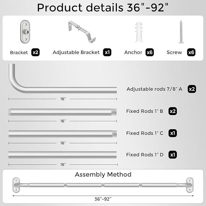 Curtain Rods 36-88 Inch, 1 Inch Adjustable Heavy Duty Room Darkening Window