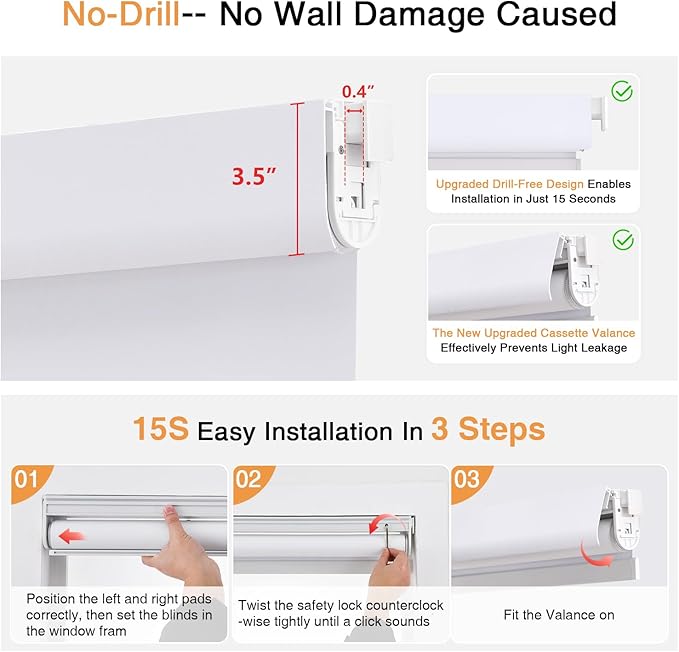AOSKY No Drill Cordless Blackout Roller Shades