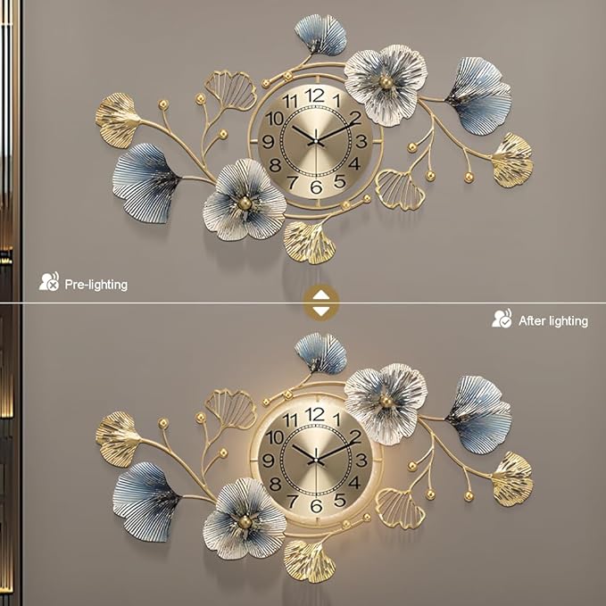 Large Metal Wall Clocks with Led Light, Silent Creative Decorative Clock
