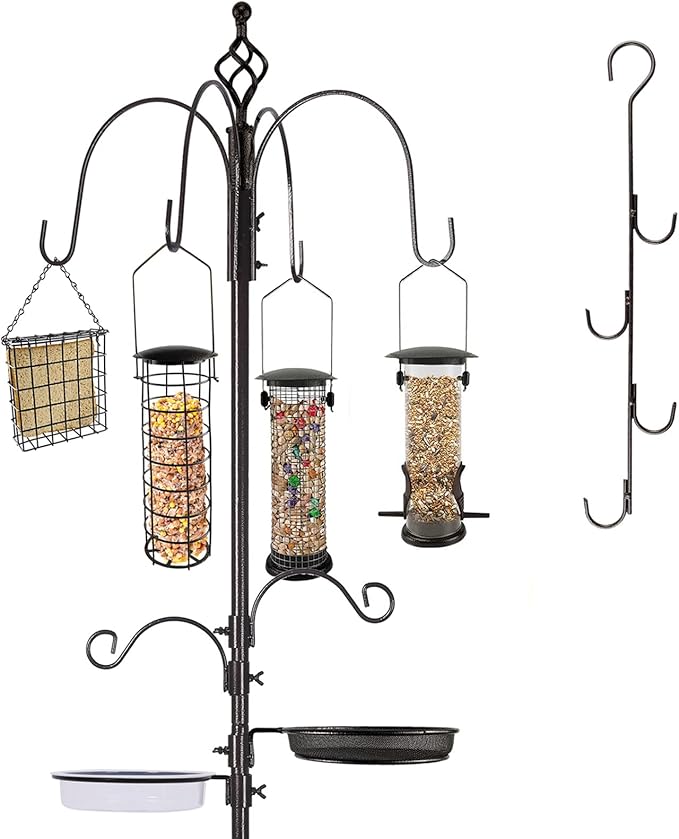 Bird Feeder Station with Suet Cage & Water Bowl Fruit Hook- Adjustable Pole, 6 Hanging Hooks for Wild Birds, Outdoor Garden Bird Feeding Kit