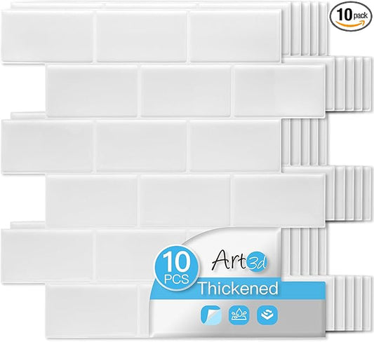 Art3d Peel and Stick Backsplash Tiles – 12"x12" White Washed Thicker Design