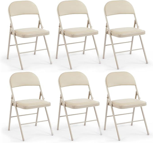 DUMOS 6 Pack Leather Padded Folding Chair, Indoor Outdoor Portable Stackable Commercial Seat with Steel Frame, Capacity for Home, Office, Party, Comfy, Kahki