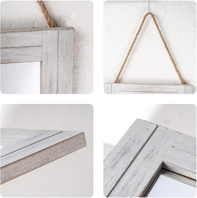 Rectangle Wall Mirror for Bathroom, Distressed White Wood Decor