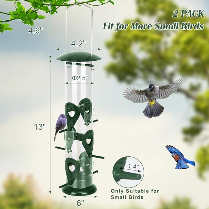 FEED GARDEN Metal Bird Feeder - 6 Port Tube Feeder for Outdoors, Heavy Duty Squirrel Proof with Metal Lid, Easy Fill & Clean, Weather Resistant, 13 Inch 2 Pack