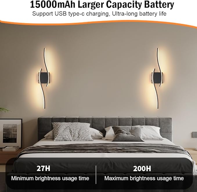Daunton Modern Battery Operated Wall Sconce Set of 2, 3CCT Adjustable, Timer&