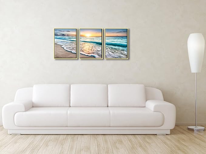 Wieco Art Framed Canvas Wall Art 3 Panel Blue Beach