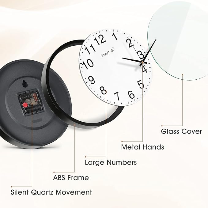 WISKALON 10 inch Silent Non-Ticking Elegant Black Frame Wall Clock, Classic