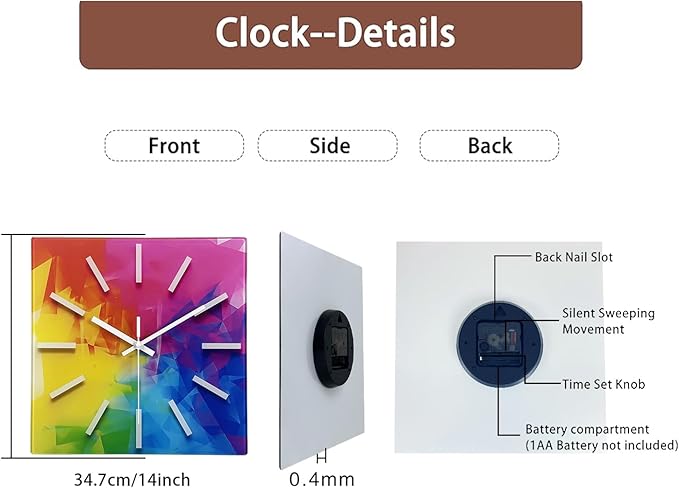Square Glass Wall Clock Silent Analog Wall Clocks Battery Operated 12 Inch