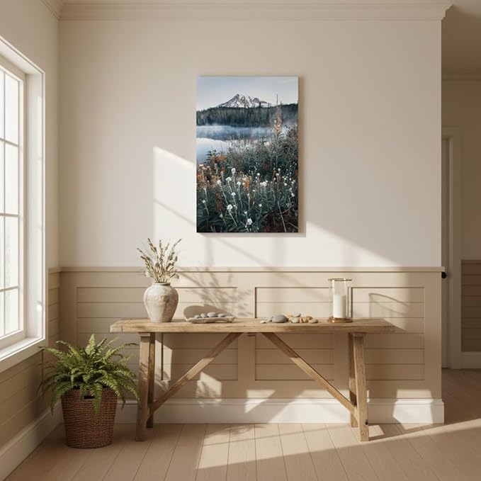 Nature Landscape Canvas Wall Art: Bedroom Home Lake Mountain Scene Picture Decor Modern Foggy Forest Scenic Print Painting Wildflower Natural Artwork for Living Room Office 24 x 36 Inch