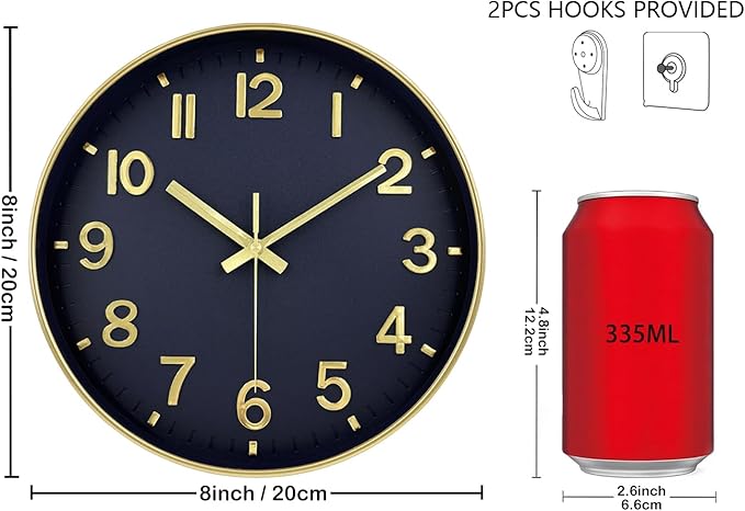 Wall Clock, 8 Inch Wall Clocks Battery Operated, Modern Non Ticking Silent