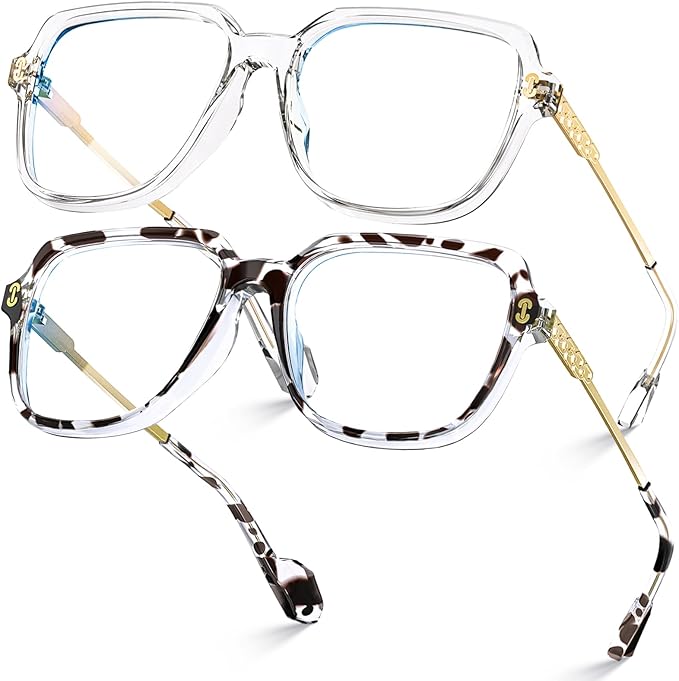 VISOONE 2 Pack Oversized Blue Light Blocking Glasses with Chic Square TR90 Frame and Metal Temple for Women Men REMY