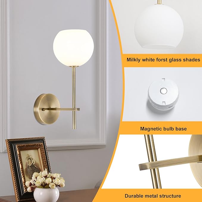Brass Battery Operated Wall Sconces Set of 2, Rechargeable Wireless Wall Lights
