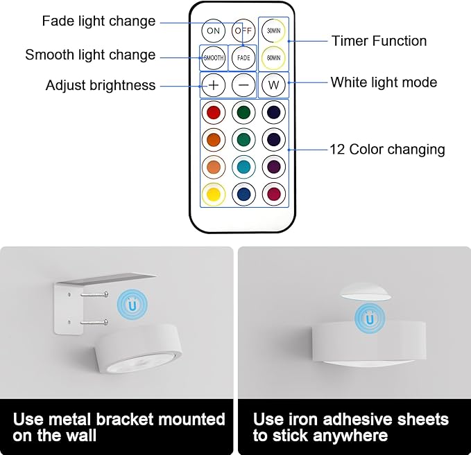 3 Pack Picture Lights for Wall, 13 RGB Color Rechargeable Battery Operated wall