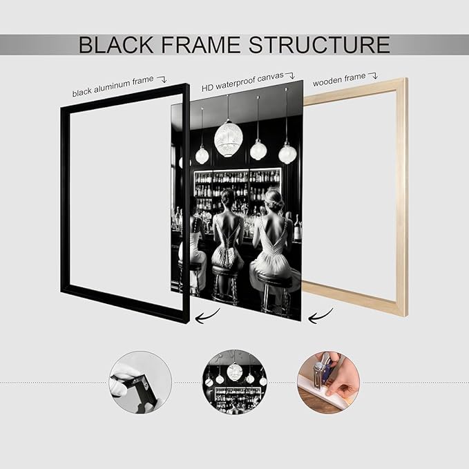 Vintage Black and White Black Framed Wall Art Trendy Women Drink Cocktail