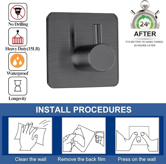Fotosnow Black Adhesive Towel Hooks Heavy Duty Stick on Wall Hooks Shower Hooks