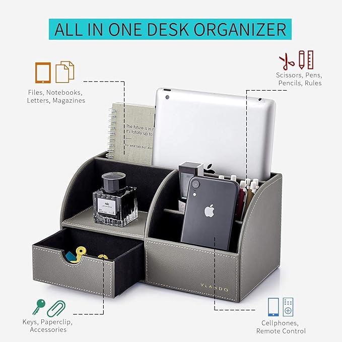 Vlando Office Desk Organizer Leather Desktop Organizer Caddy with Drawer for Storing Desktop Supplies and Accessories (Grey Set)