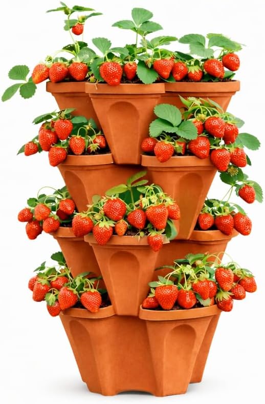 Vertical Garden Planter 4 Tier Stackable System 16 Plants, Space Saving Herb, Strawberry & Food Crop Planter with Center Support Hole for Indoor Outdoor Gardening (4, Terracotta, Small)