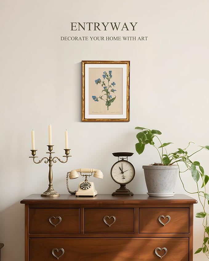 InSimSea Gold Bamboo Framed Canvas Wall Art, Retro Blue Myosotis Botanical