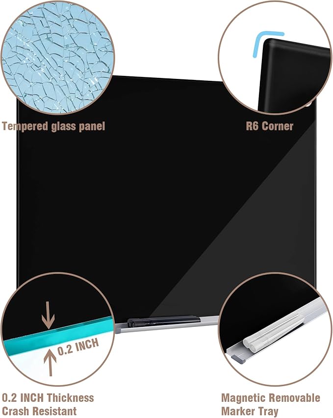 Mifuro Magnetic Glass Whiteboard，48"x36" Wall Mounted Frameless Dry Erase Board for Office, Home & School Black