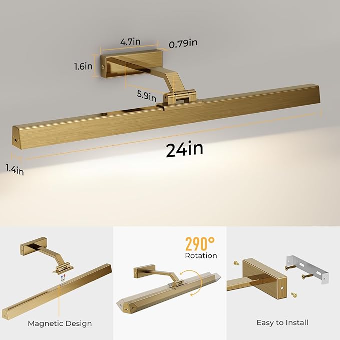 Afyuol Picture Lights for Wall, Brass Battery Operated Picture Light 24in Art