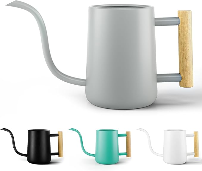 35 oz Metal Small Indoor Watering Can with Long Spout & Real Wood Handle for House Plants, Succulents, Cacti & Seedlings - Gray Long Spout Watering Can Indoor Plants - Stylish, Gentle Flow, No Spills