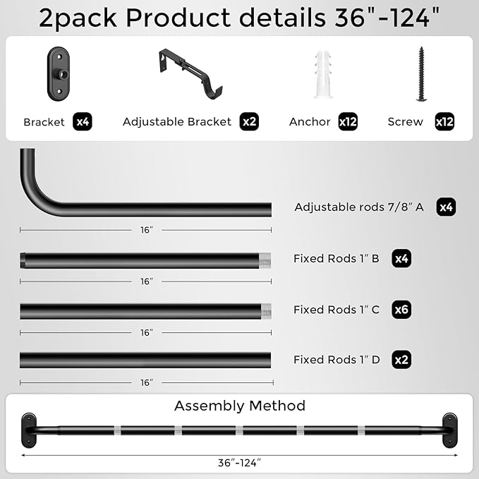 2 Pack Curtain Rods 36-120 Inch, Living Room, Sliding Door