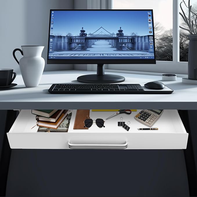 21.5" Under Desk Drawer Slide Out For Office Desk with 2 Dividers, Storage Organizer For Sit Stand Workstation, White