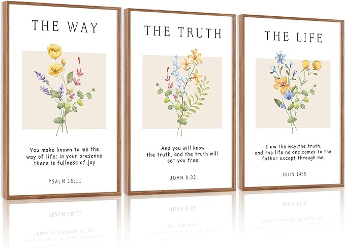 CHDITB Christian Bible Verse Framed Wall Art Set, Floral Scripture Canvas Prints, The Way The Truth The Life Religious Painting, Faith Inspirational Decor for Living Room, Bedroom, Church 16"x24"X3