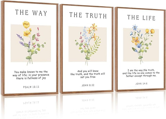 CHDITB Christian Bible Verse Framed Wall Art Set, Floral Scripture Canvas Prints, The Way The Truth The Life Religious Painting, Faith Inspirational Decor for Living Room, Bedroom, Church 16"x24"X3