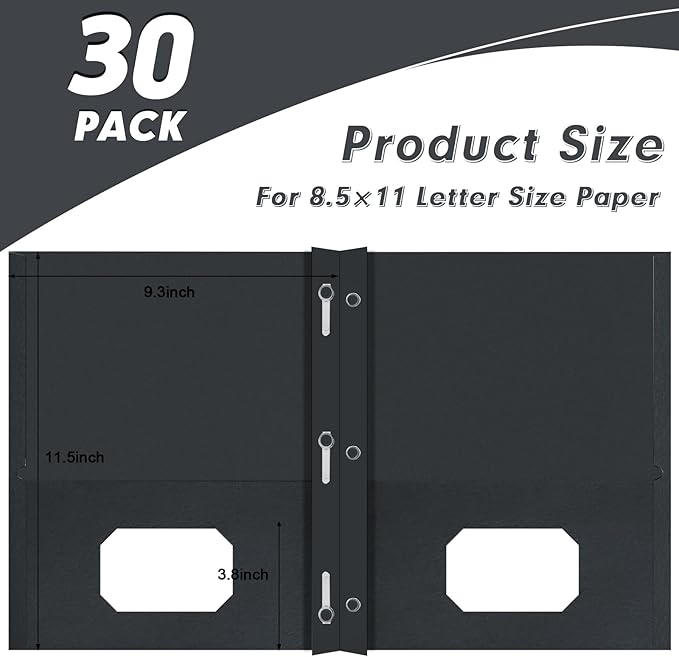 Two Pocket Folders, PANDRI 30 Pack Two Pocket Folders with Prongs, 3 Prong Folders Designed for Office and Classroom, Letter Size Black