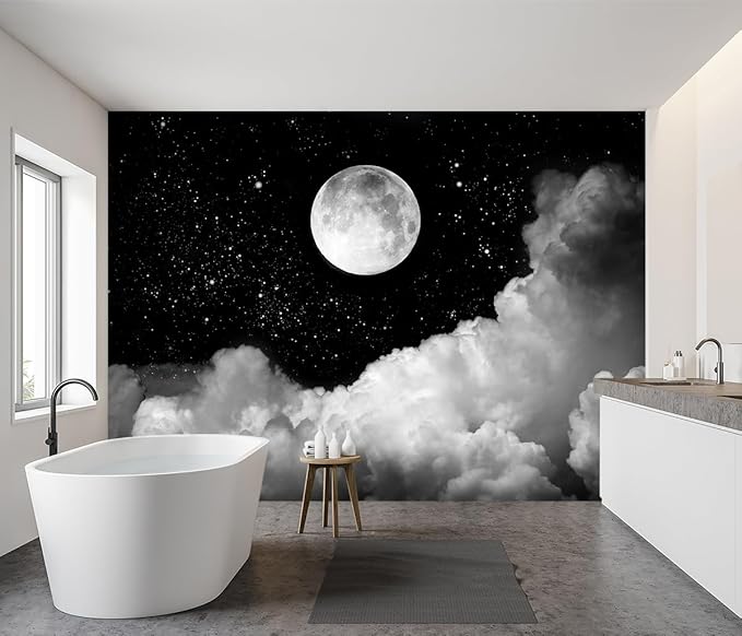 -Gray Galaxy Universe Moon Fabric Wallpaper Ceiling Starry Night White Clouds
