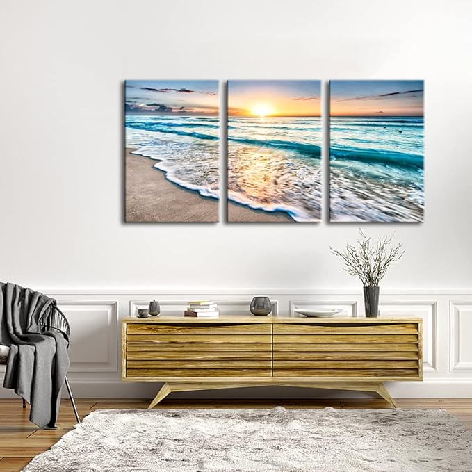 Wieco Art 3 Panels Blue Beach Sunrise White Wave Pictures on Canvas Wall Art