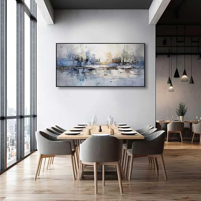 Abstract Wall Art Blue and White Reflection Large Size Framed Artwork Wall