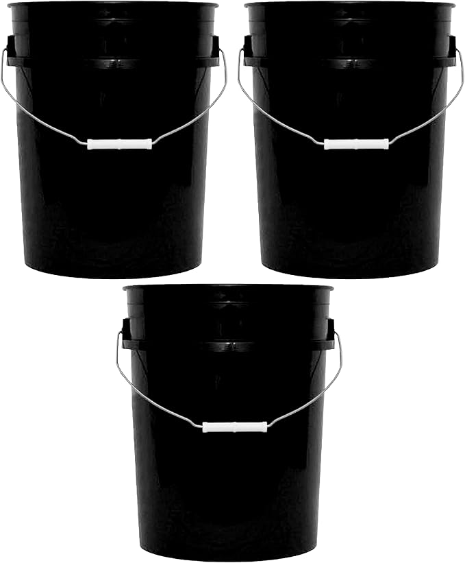 MKS Plastics 5-Gallon Bucket Only â No Lid Included, Made in USA, Food Grade BPA Free Plastic, Heavy Duty Multi-Use, Metal Handle with Grip, Stackable Storage â Black, 3 Pack
