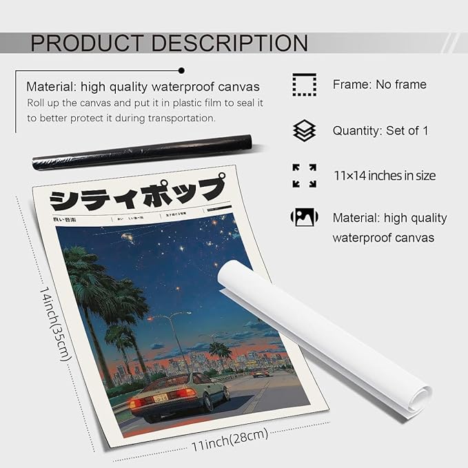 Heltrappe Vintage Japanese Canvas Wall Art 90s Vaporwave Aesthetic Print Asian