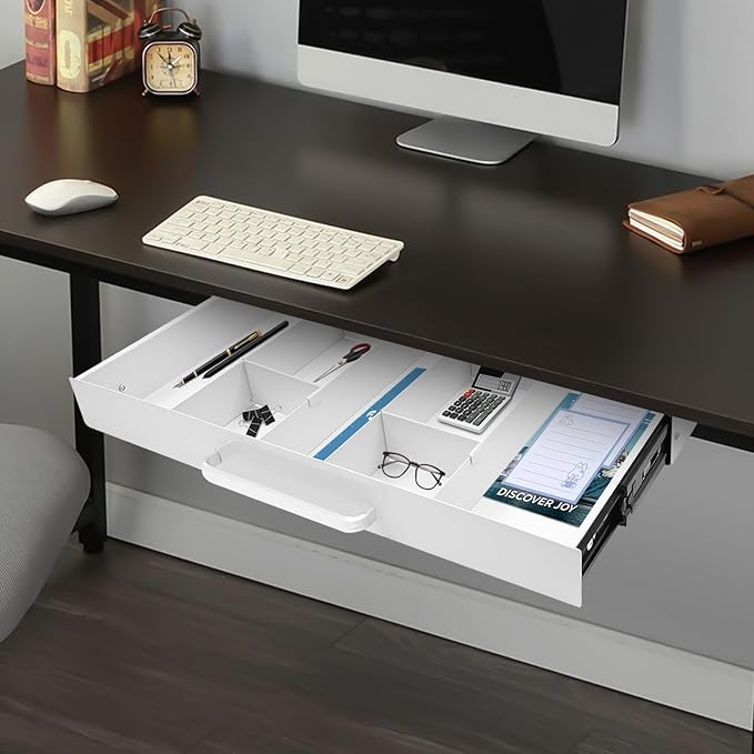 21.5" Under Desk Drawer Slide Out For Office Desk with 2 Dividers, Storage Organizer For Sit Stand Workstation, White