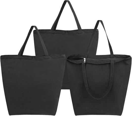 Segarty Canvas Tote, 3 Pack 20x15.7 Black Canvas Shopping Bags for Women, Reusable Natural Cotton Bag Aesthetic with Shoulder Strap, Bulk for DIY, Grocery Shopping, Beach, Travelï¼Gift